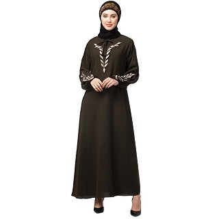 Embroidery abaya with balloon sleeves- Olive Green
